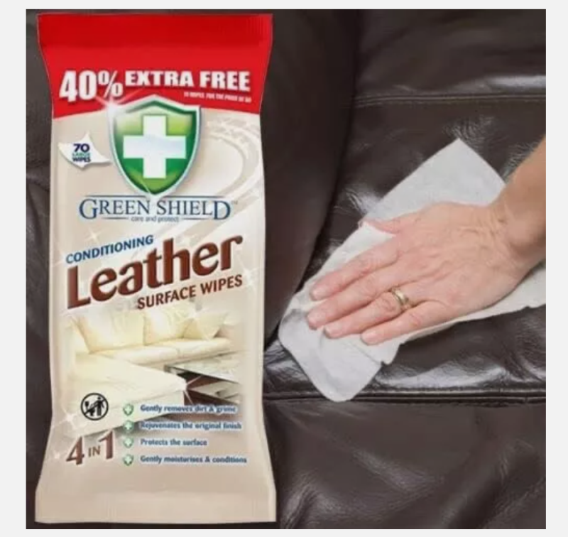 2 X 70 GREEN SHIELD LEATHER SURFACE CONDITIONING WIPES LARGE SOFA CAR BAG CHAIR - Image 2
